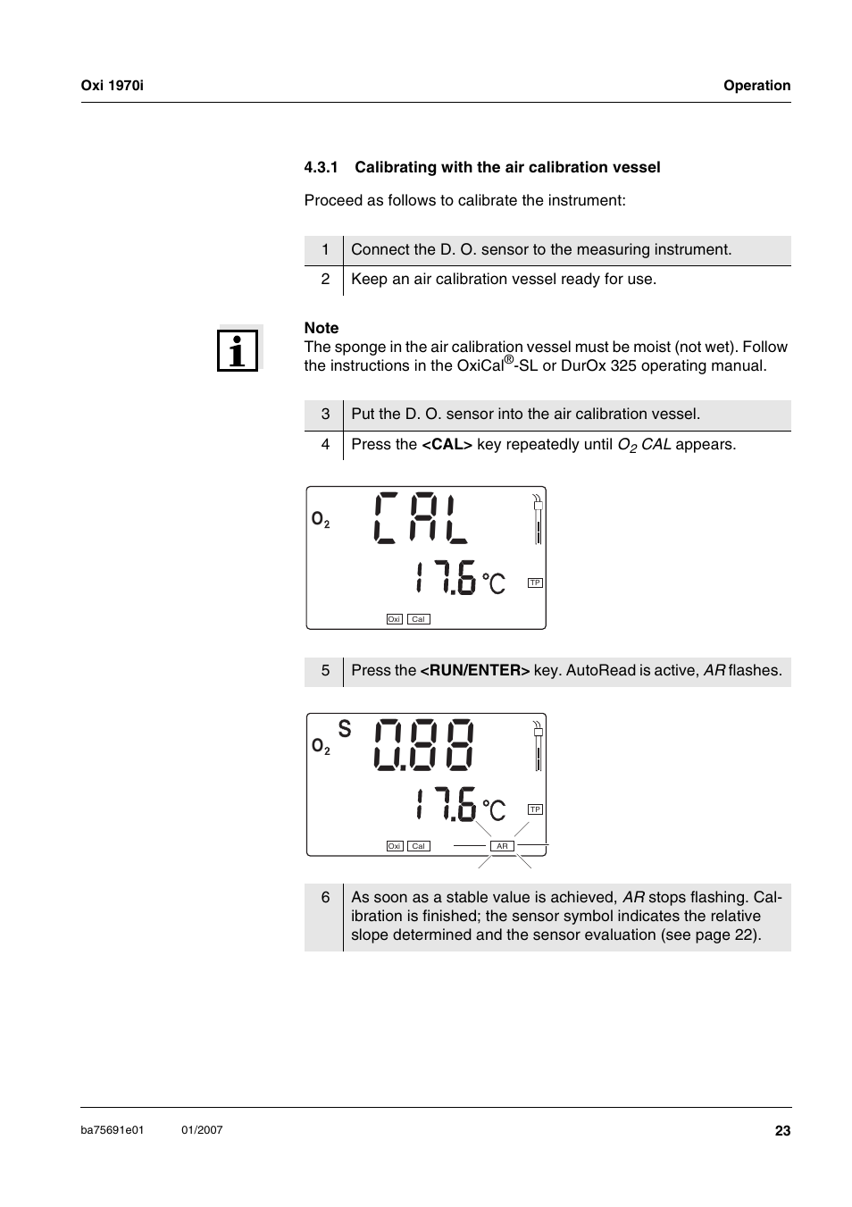 1 calibrating with the air calibration vessel, Calibrating with the air calibration vessel | Xylem Oxi 1970i PORTABLE DISSOLVED OXYGEN METERS User Manual | Page 23 / 65