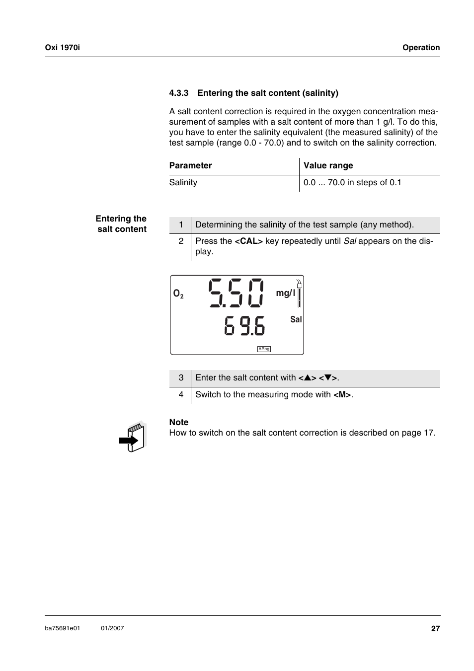 3 entering the salt content (salinity), Entering the salt content (salinity) | Xylem Oxi 1970i PORTABLE DISSOLVED OXYGEN METERS User Manual | Page 27 / 65