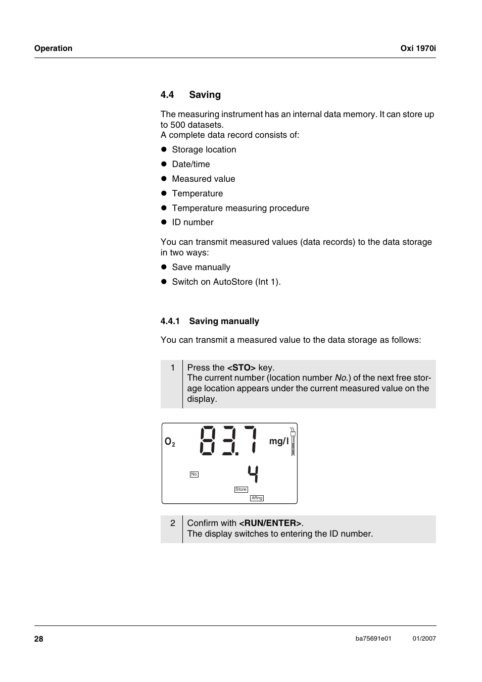 4 saving, 1 saving manually, Saving 4.4.1 | Saving manually | Xylem Oxi 1970i PORTABLE DISSOLVED OXYGEN METERS User Manual | Page 28 / 65