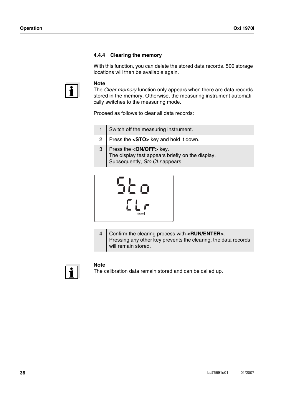 4 clearing the memory, Clearing the memory, C l r | Xylem Oxi 1970i PORTABLE DISSOLVED OXYGEN METERS User Manual | Page 36 / 65