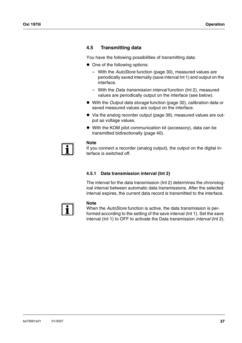 5 transmitting data, 1 data transmission interval (int 2), Transmitting data 4.5.1 | Data transmission interval (int 2) | Xylem Oxi 1970i PORTABLE DISSOLVED OXYGEN METERS User Manual | Page 37 / 65