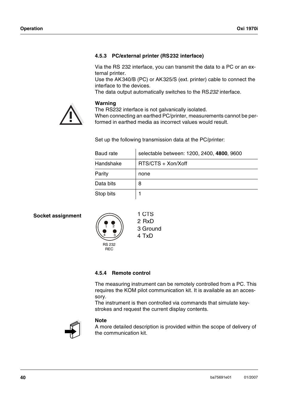 3 pc/external printer (rs232 interface), 4 remote control, Pc/external printer (rs232 interface) | Remote control, Section 4.5.3, 1 cts 2 rxd 3 ground 4 txd | Xylem Oxi 1970i PORTABLE DISSOLVED OXYGEN METERS User Manual | Page 40 / 65