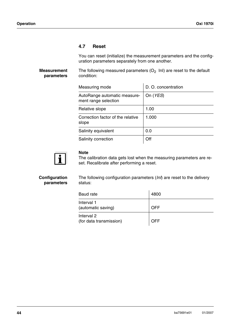 7 reset, Reset | Xylem Oxi 1970i PORTABLE DISSOLVED OXYGEN METERS User Manual | Page 44 / 65