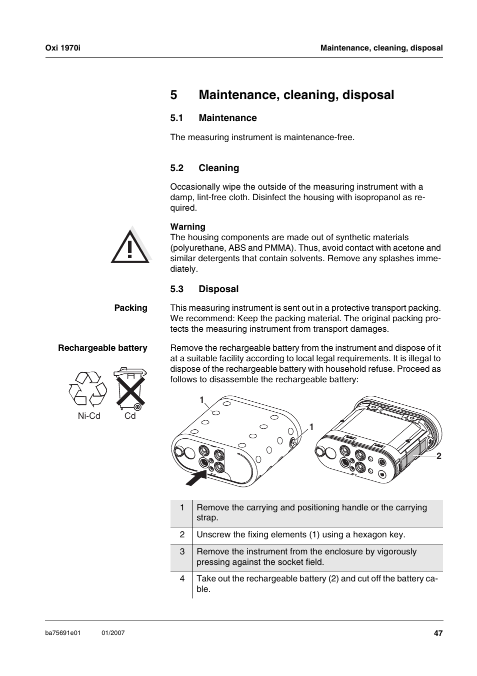 5 maintenance, cleaning, disposal, 1 maintenance, 2 cleaning | 3 disposal, Maintenance, cleaning, disposal, Maintenance, Cleaning, Disposal, 5maintenance, cleaning, disposal | Xylem Oxi 1970i PORTABLE DISSOLVED OXYGEN METERS User Manual | Page 47 / 65