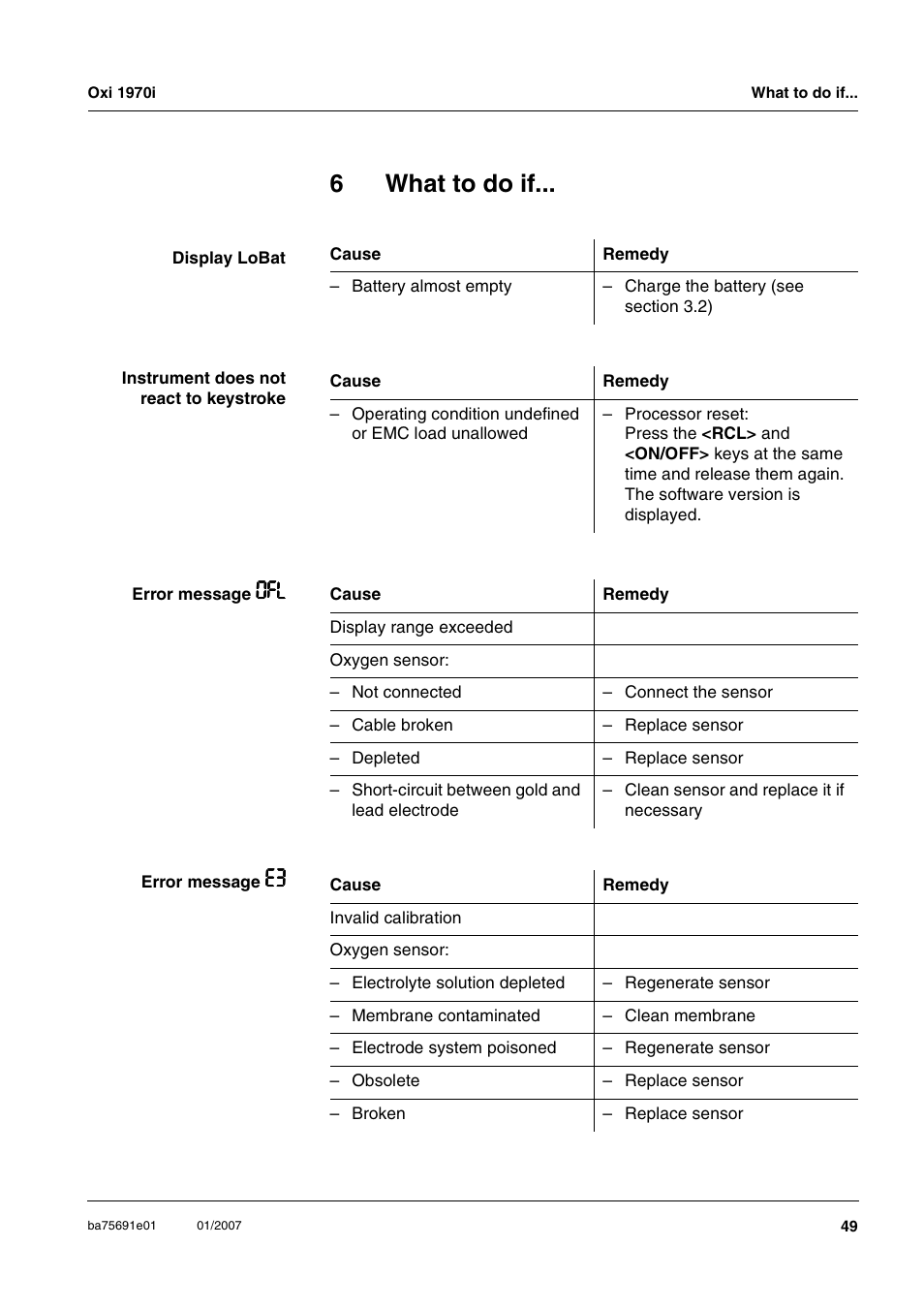 6 what to do if, What to do if, Chapter 6 w | In chapter 6 w, 6what to do if | Xylem Oxi 1970i PORTABLE DISSOLVED OXYGEN METERS User Manual | Page 49 / 65