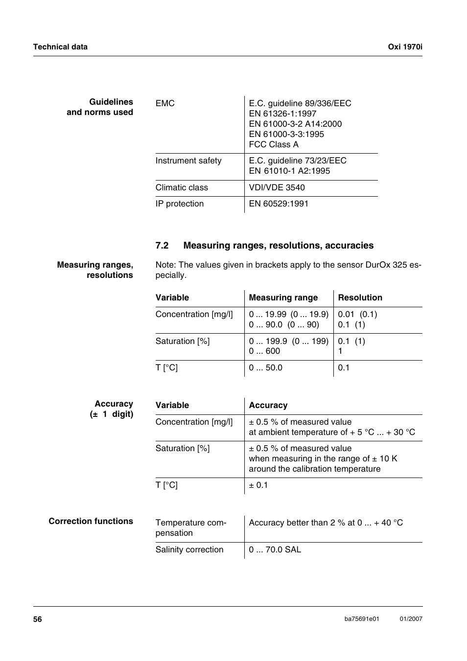 2 measuring ranges, resolutions, accuracies, Measuring ranges, resolutions, accuracies | Xylem Oxi 1970i PORTABLE DISSOLVED OXYGEN METERS User Manual | Page 56 / 65