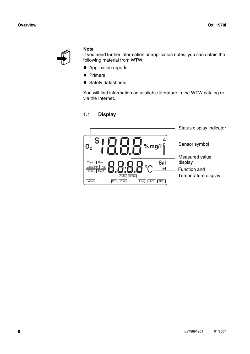 1 display, Display | Xylem Oxi 1970i PORTABLE DISSOLVED OXYGEN METERS User Manual | Page 6 / 65