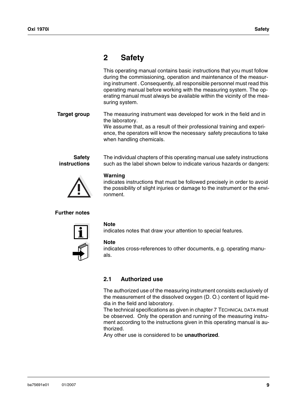 2 safety, 1 authorized use, Safety | Authorized use, 2safety | Xylem Oxi 1970i PORTABLE DISSOLVED OXYGEN METERS User Manual | Page 9 / 65