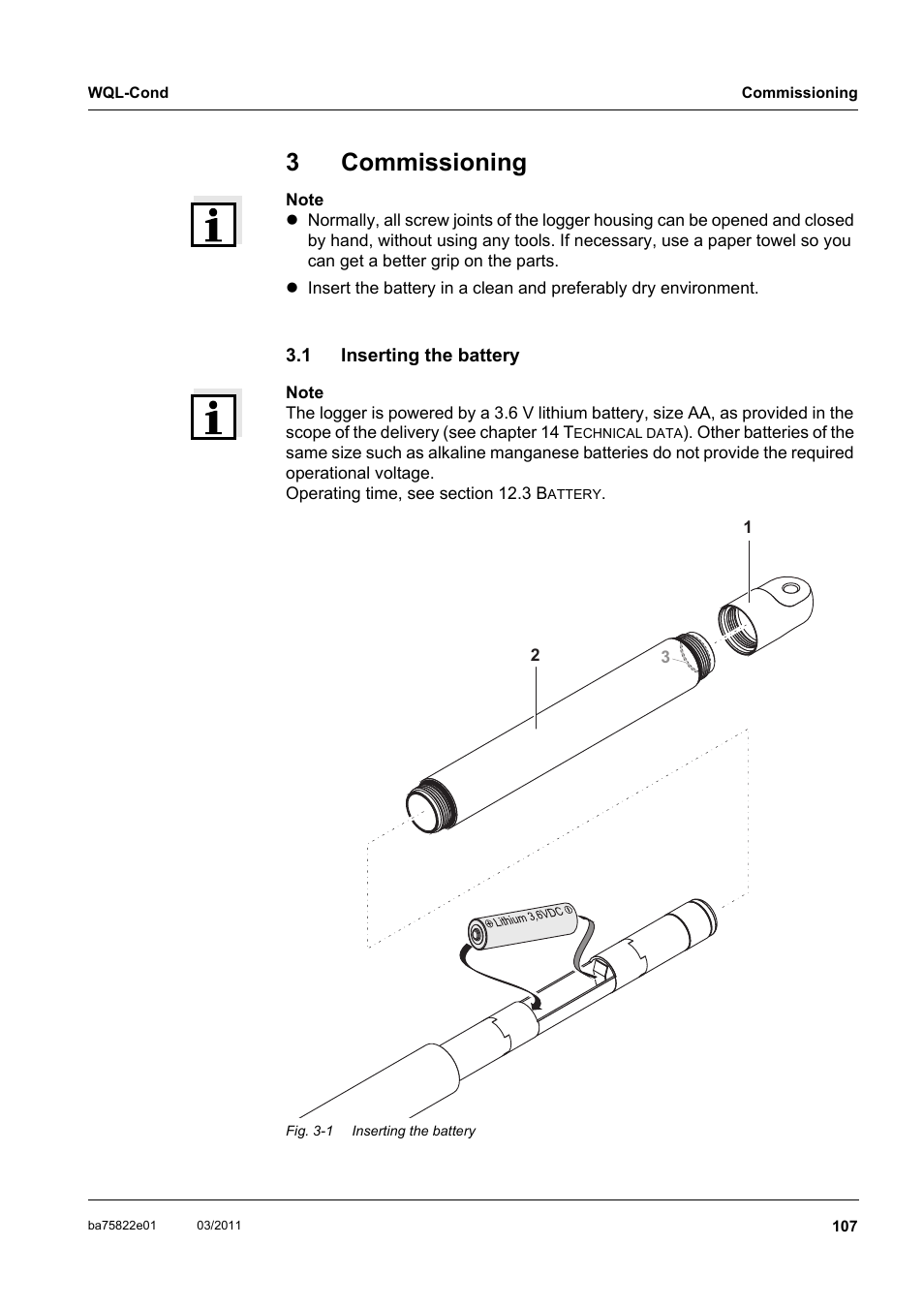 3 commissioning, 1 inserting the battery, Commissioning | Inserting the battery, 3commissioning | Xylem WQL-Cond CONDUCTIVITY DATALOGGERS User Manual | Page 11 / 98