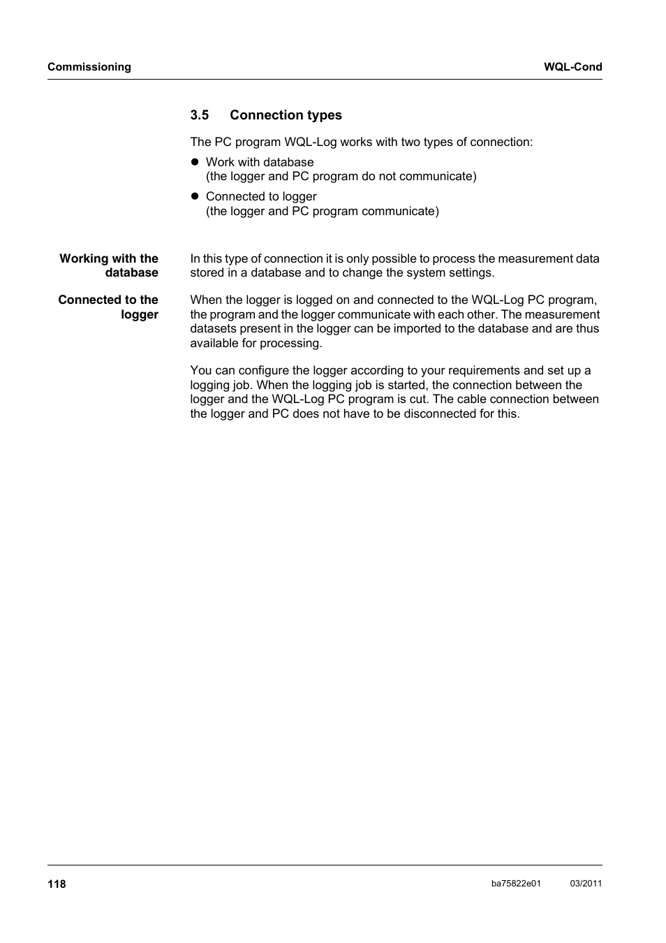 5 connection types, Connection types | Xylem WQL-Cond CONDUCTIVITY DATALOGGERS User Manual | Page 22 / 98