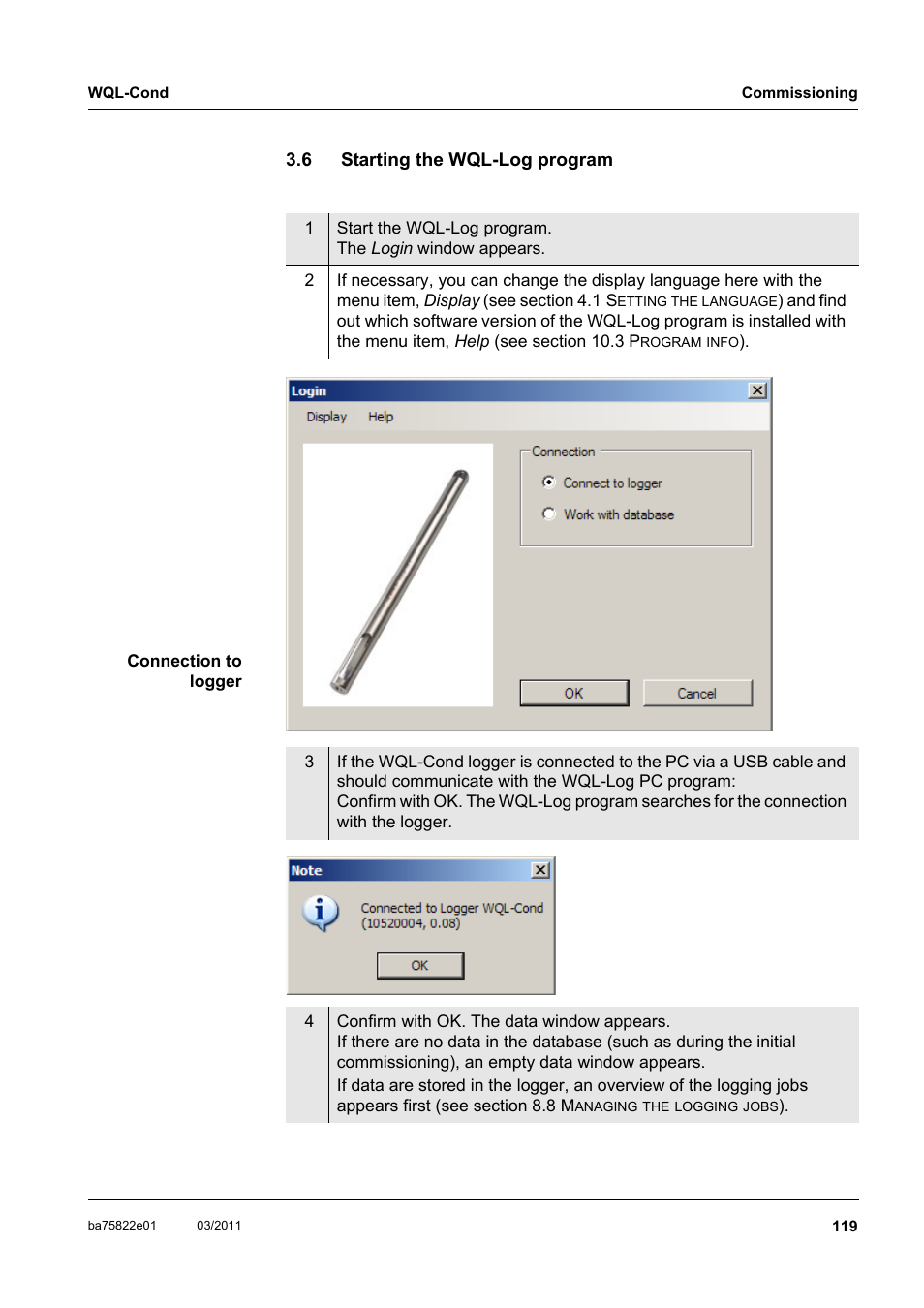 6 starting the wql-log program, Starting the wql-log program | Xylem WQL-Cond CONDUCTIVITY DATALOGGERS User Manual | Page 23 / 98