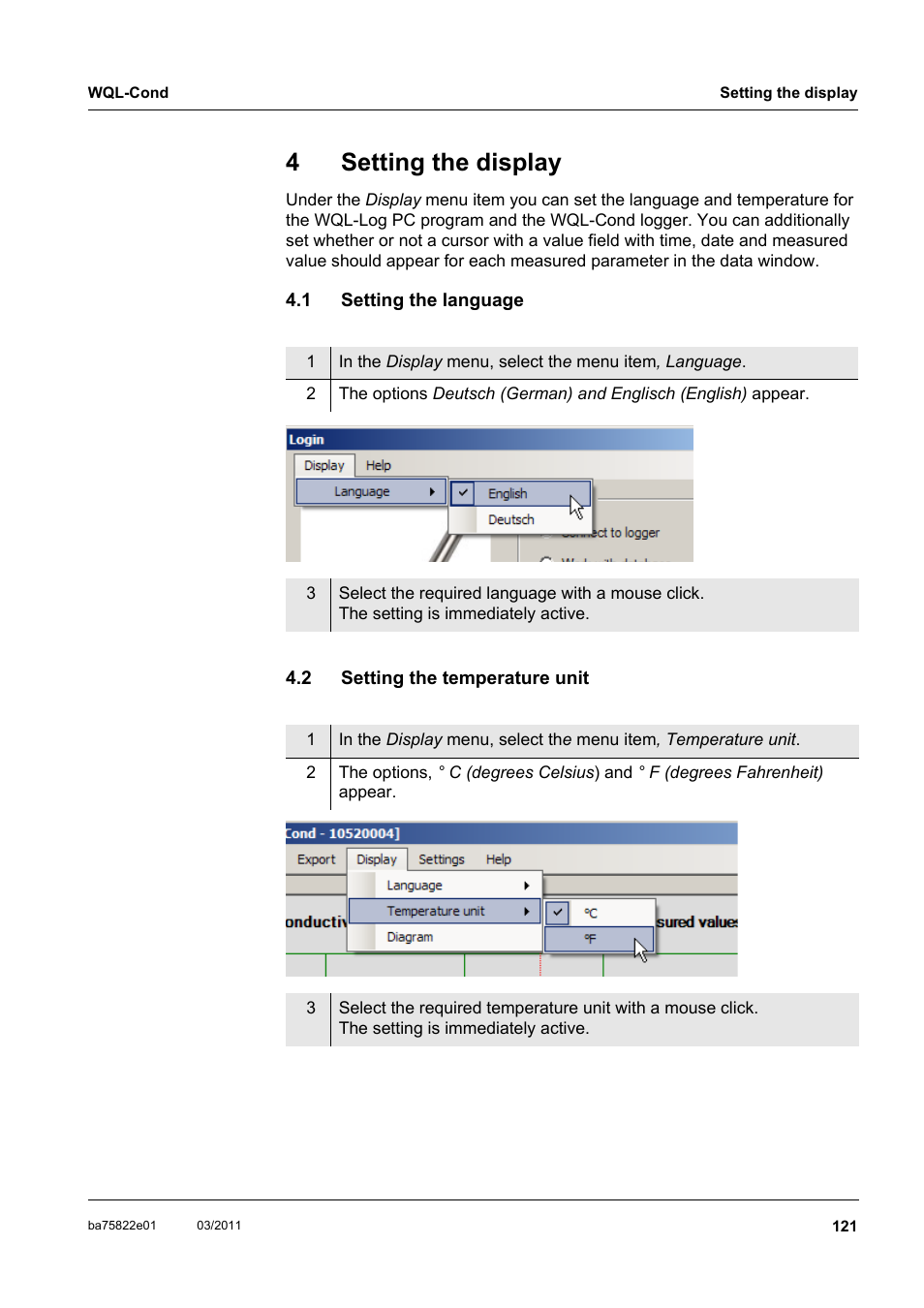 4 setting the display, 1 setting the language, 2 setting the temperature unit | Setting the display, Setting the language, Setting the temperature unit, Section 4.1 s, Etting, Language, 4setting the display | Xylem WQL-Cond CONDUCTIVITY DATALOGGERS User Manual | Page 25 / 98