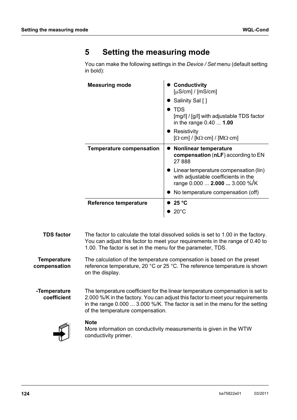 5 setting the measuring mode, Setting the measuring mode, 5setting the measuring mode | Xylem WQL-Cond CONDUCTIVITY DATALOGGERS User Manual | Page 28 / 98