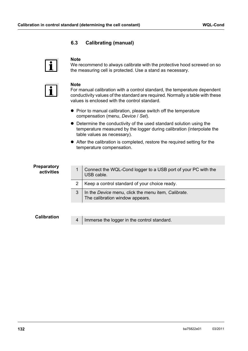 3 calibrating (manual), Calibrating (manual) | Xylem WQL-Cond CONDUCTIVITY DATALOGGERS User Manual | Page 36 / 98