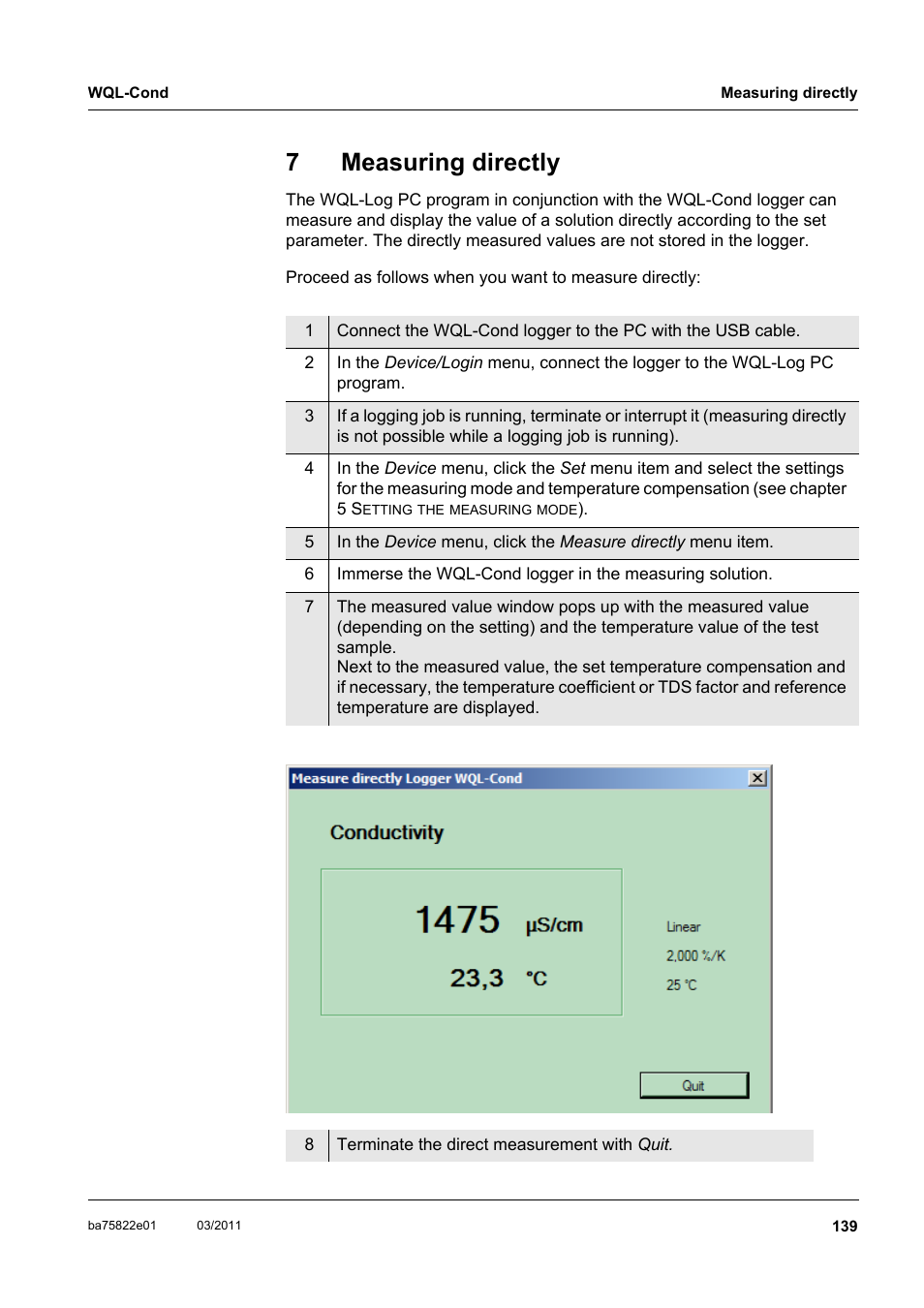 7 measuring directly, Measuring directly, 7measuring directly | Xylem WQL-Cond CONDUCTIVITY DATALOGGERS User Manual | Page 43 / 98