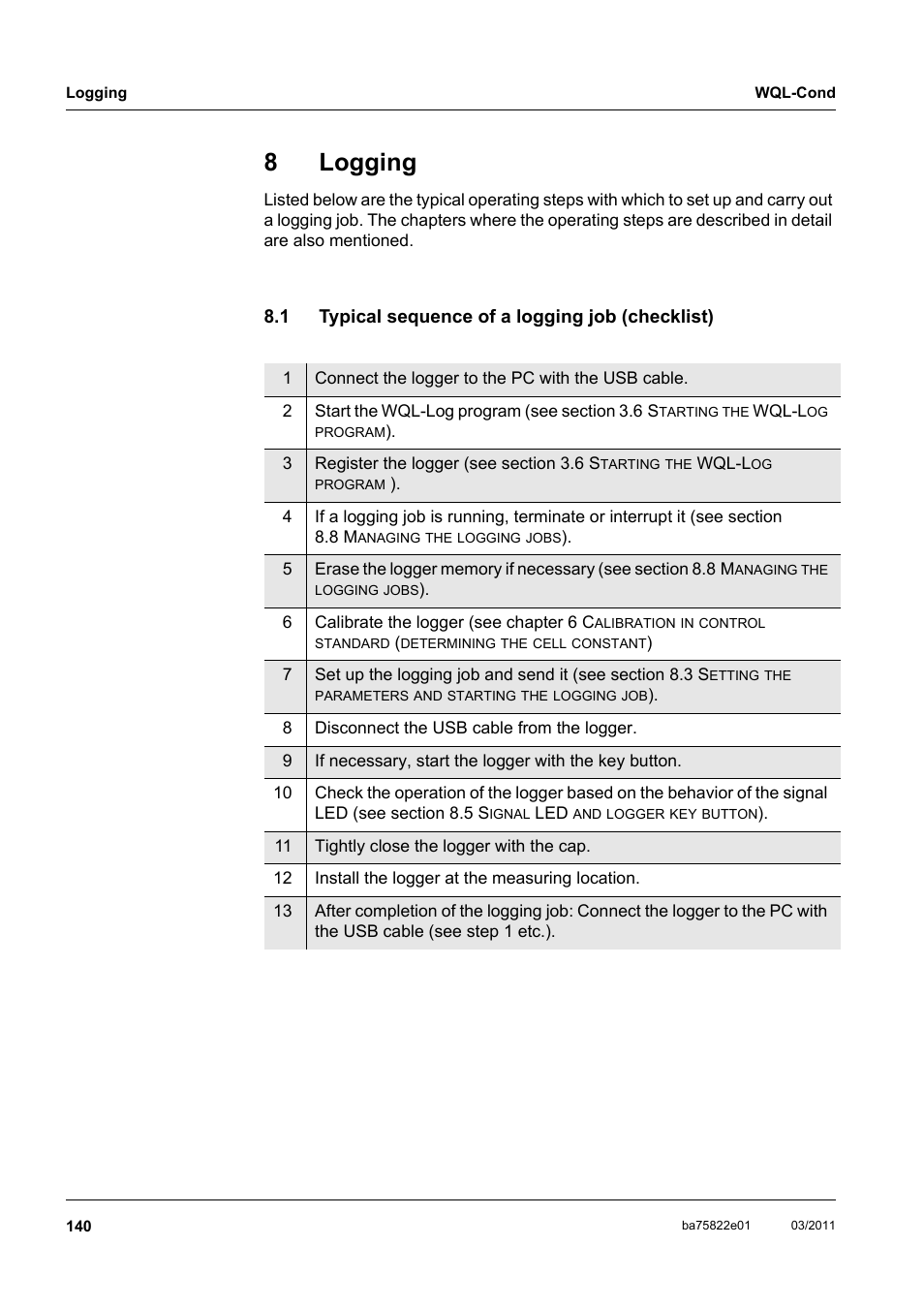 8 logging, 1 typical sequence of a logging job (checklist), Logging | Typical sequence of a logging job (checklist), 8logging | Xylem WQL-Cond CONDUCTIVITY DATALOGGERS User Manual | Page 44 / 98