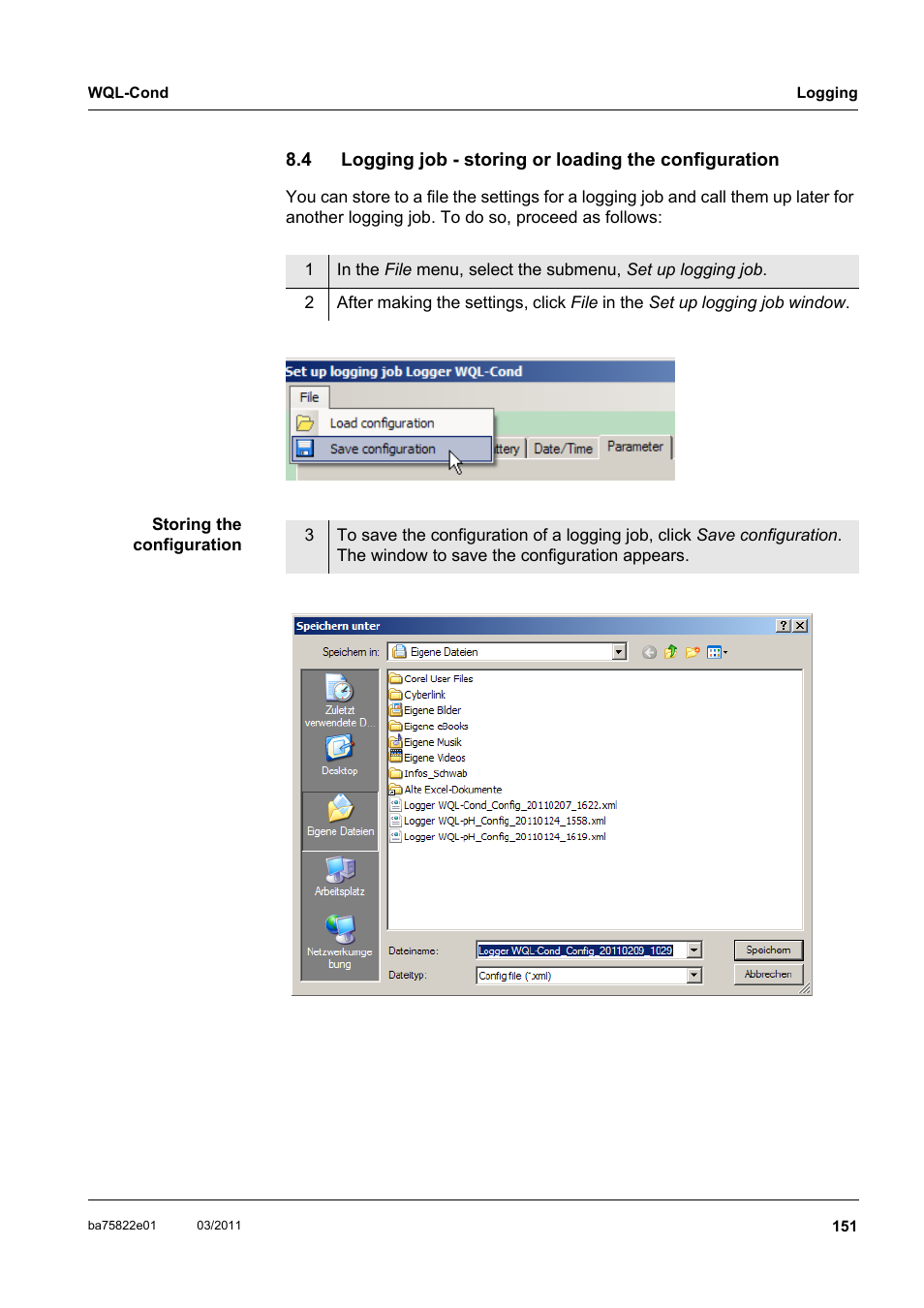 Logging job - storing or loading the configuration, Section 8.4 l, Ogging | Storing, Loading, Configuration | Xylem WQL-Cond CONDUCTIVITY DATALOGGERS User Manual | Page 55 / 98