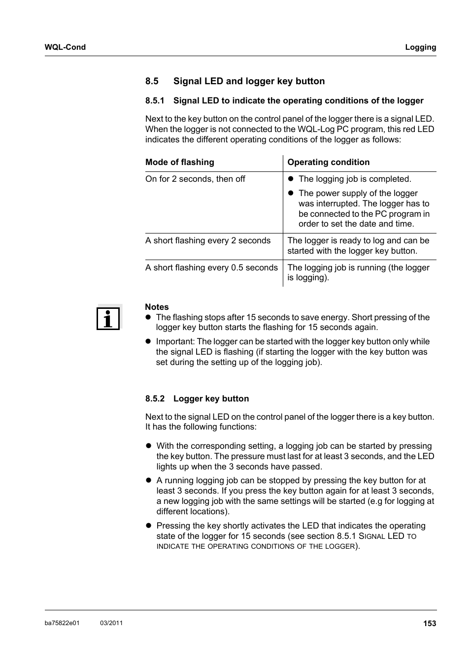 5 signal led and logger key button, 2 logger key button, Signal led and logger key button | Logger key button, Nd section 8.5 s, Ignal, Logger, Button, D (see section 8.5 s | Xylem WQL-Cond CONDUCTIVITY DATALOGGERS User Manual | Page 57 / 98
