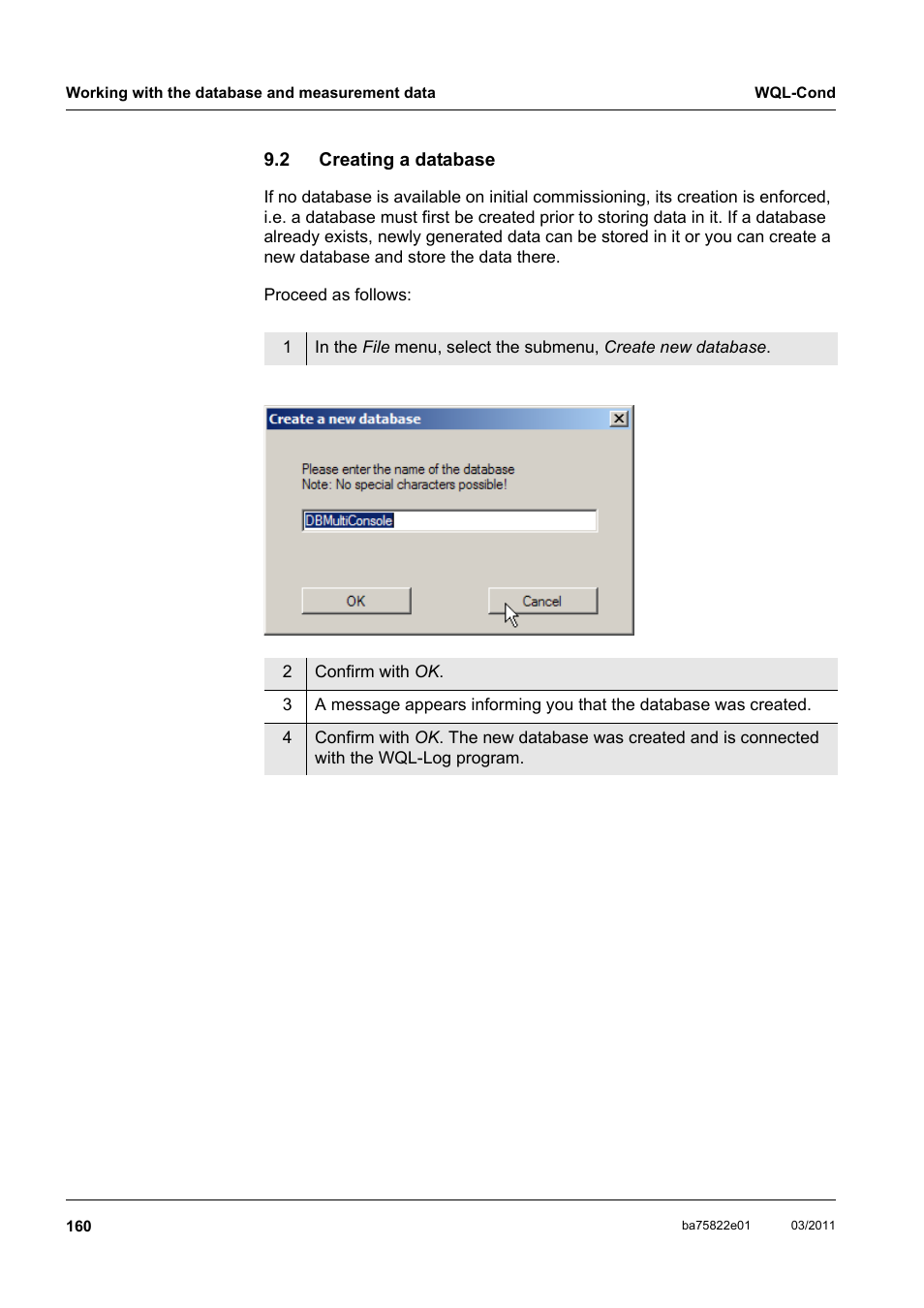 2 creating a database, Creating a database | Xylem WQL-Cond CONDUCTIVITY DATALOGGERS User Manual | Page 64 / 98