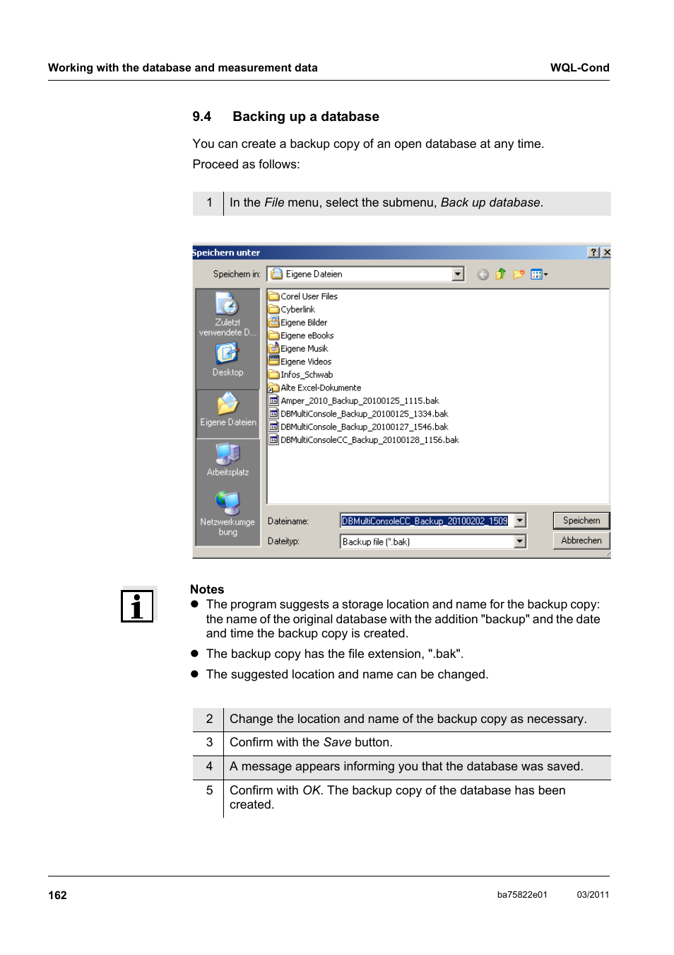 4 backing up a database, Backing up a database | Xylem WQL-Cond CONDUCTIVITY DATALOGGERS User Manual | Page 66 / 98