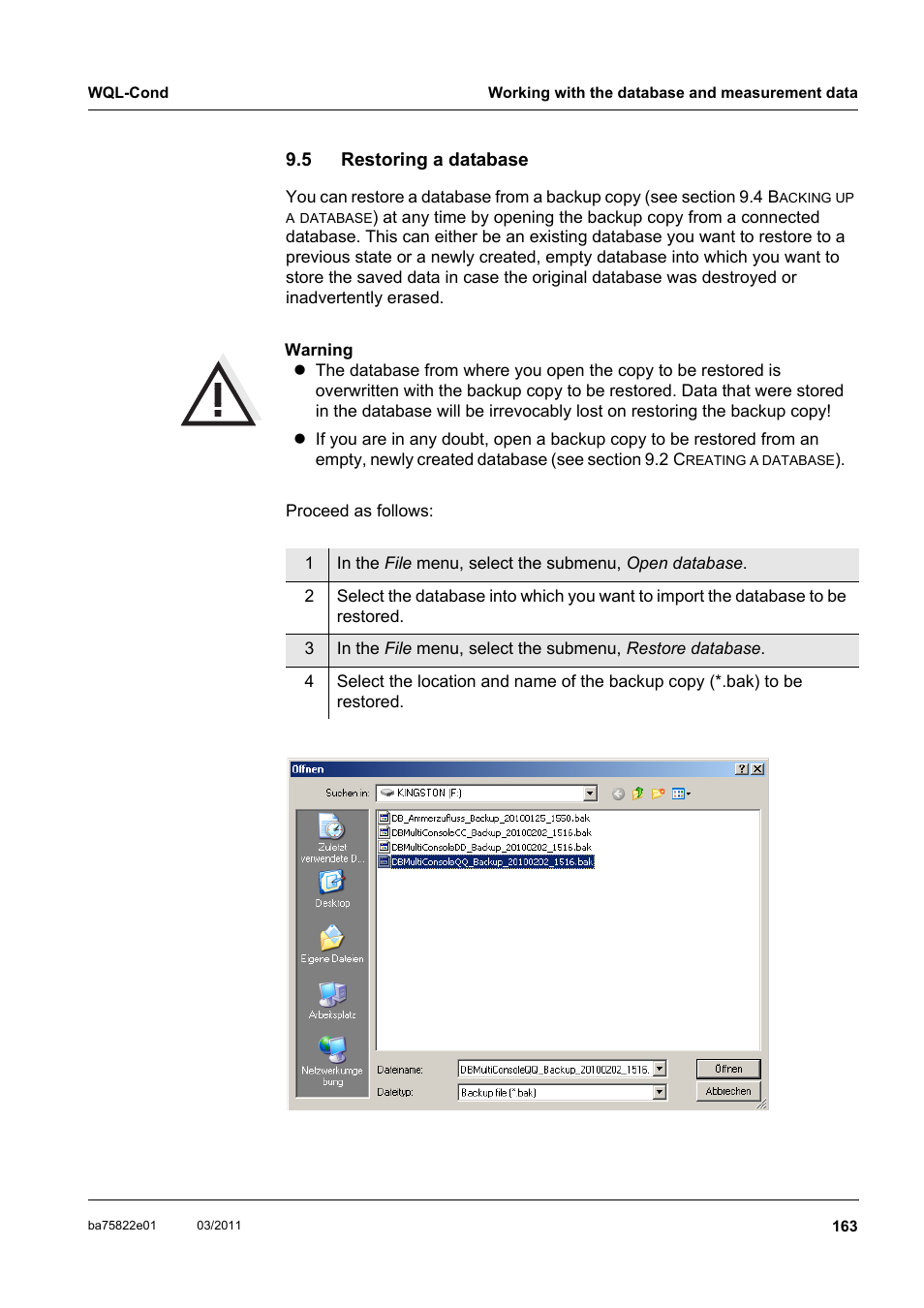 5 restoring a database, Restoring a database | Xylem WQL-Cond CONDUCTIVITY DATALOGGERS User Manual | Page 67 / 98
