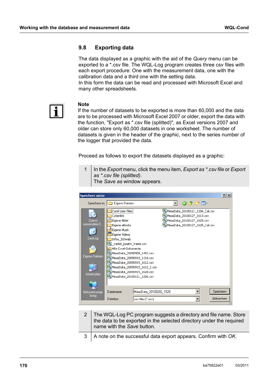 8 exporting data, Exporting data, Section 9.8 e | Xporting, Data | Xylem WQL-Cond CONDUCTIVITY DATALOGGERS User Manual | Page 74 / 98