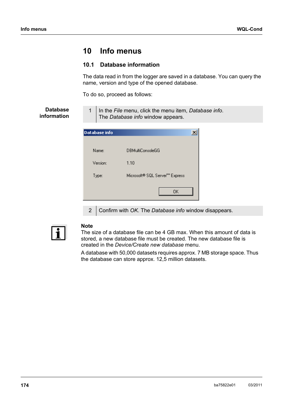10 info menus, 1 database information, Database information | Xylem WQL-Cond CONDUCTIVITY DATALOGGERS User Manual | Page 78 / 98