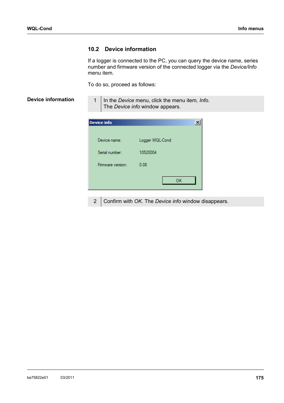 2 device information, Device information | Xylem WQL-Cond CONDUCTIVITY DATALOGGERS User Manual | Page 79 / 98