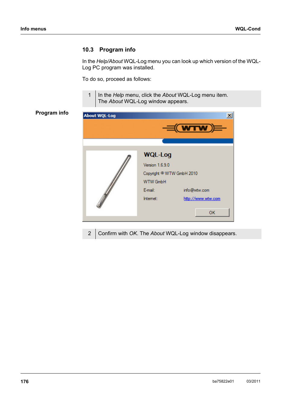 3 program info, Program info, Section 10.3 p | Rogram, Info | Xylem WQL-Cond CONDUCTIVITY DATALOGGERS User Manual | Page 80 / 98