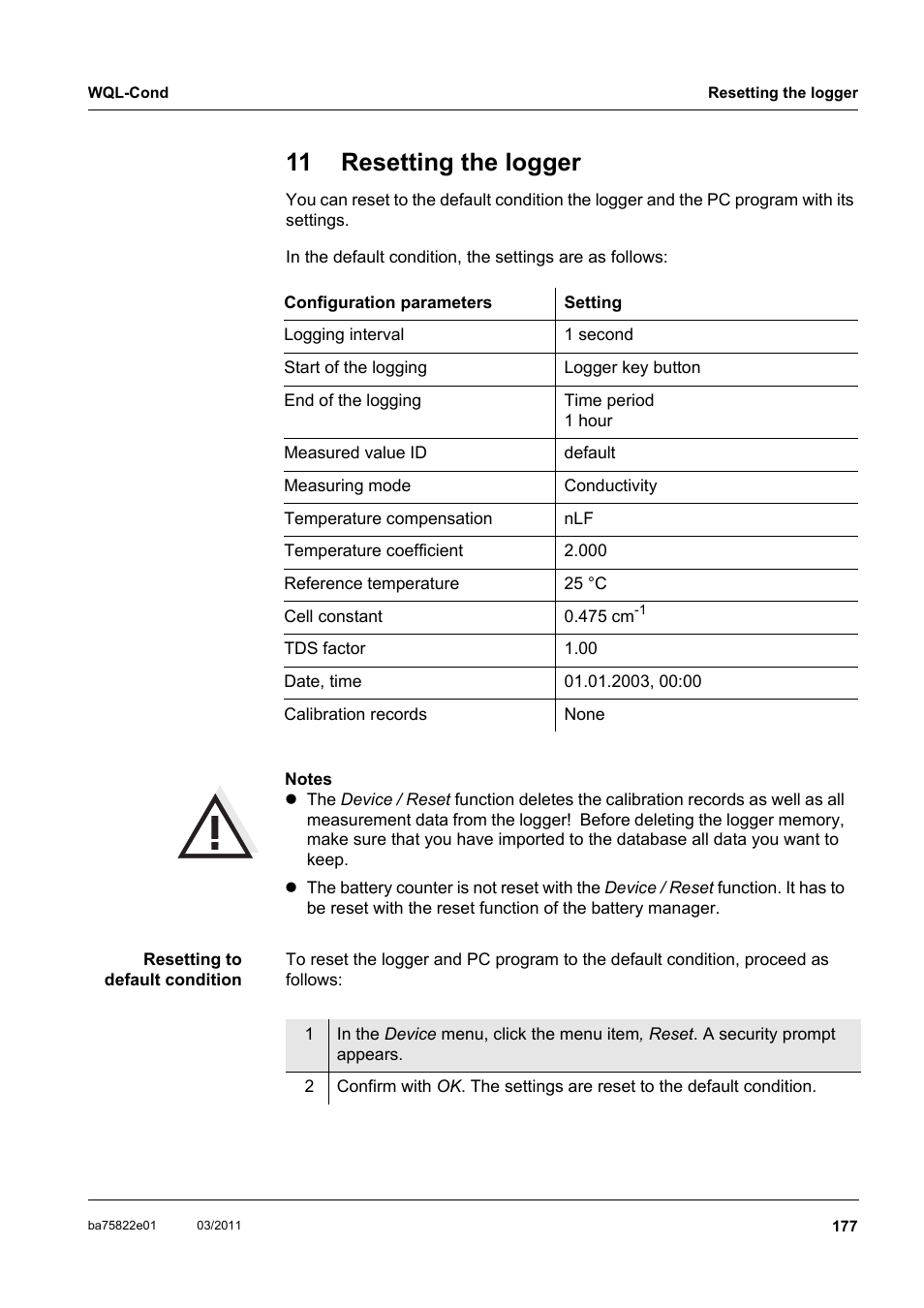 11 resetting the logger | Xylem WQL-Cond CONDUCTIVITY DATALOGGERS User Manual | Page 81 / 98