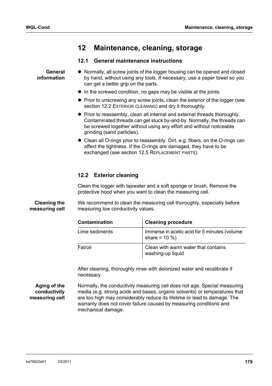 12 maintenance, cleaning, storage, 1 general maintenance instructions, 2 exterior cleaning | General maintenance instructions, Exterior cleaning | Xylem WQL-Cond CONDUCTIVITY DATALOGGERS User Manual | Page 83 / 98