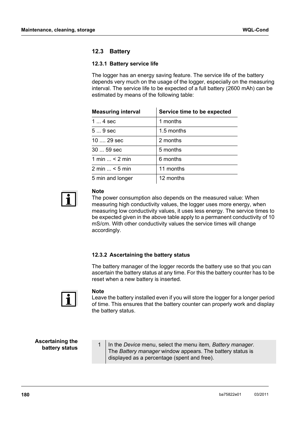 3 battery, 1 battery service life, 2 ascertaining the battery status | Battery, Battery service life, Ascertaining the battery status, Time, see section 12.3 b, Attery | Xylem WQL-Cond CONDUCTIVITY DATALOGGERS User Manual | Page 84 / 98