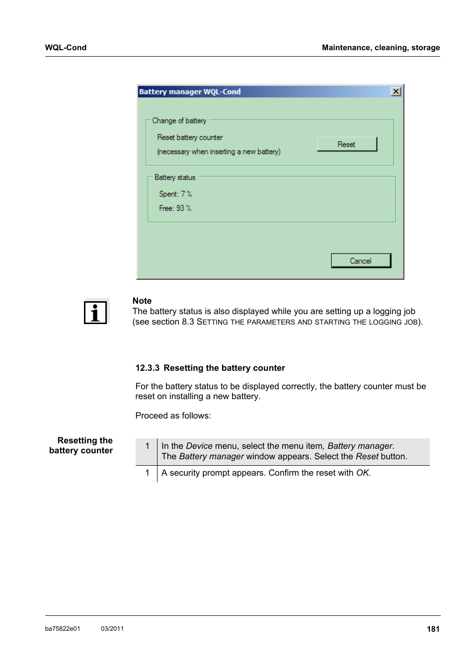 3 resetting the battery counter, Resetting the battery counter | Xylem WQL-Cond CONDUCTIVITY DATALOGGERS User Manual | Page 85 / 98