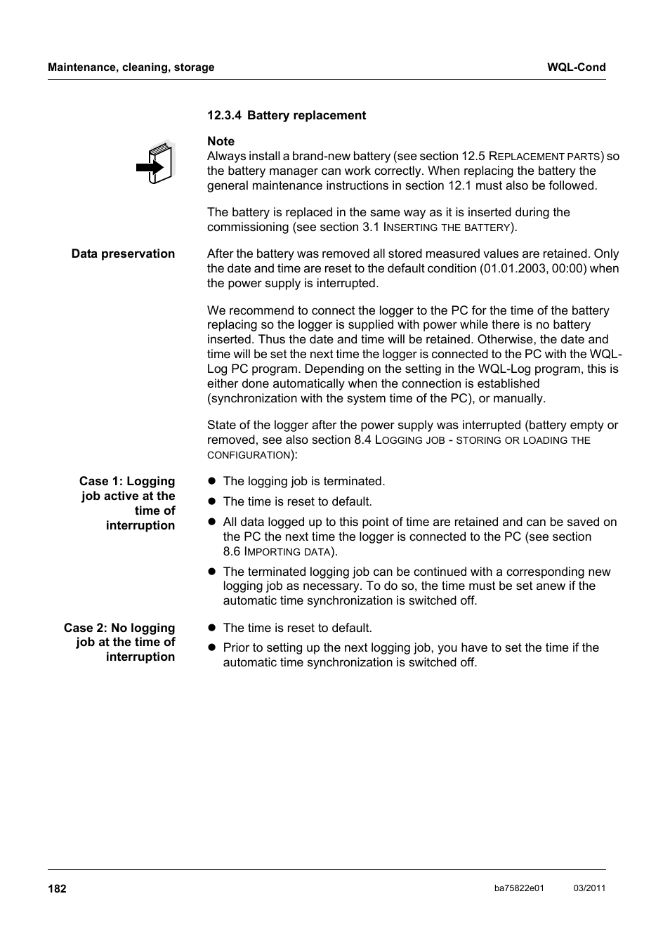 4 battery replacement, Battery replacement | Xylem WQL-Cond CONDUCTIVITY DATALOGGERS User Manual | Page 86 / 98