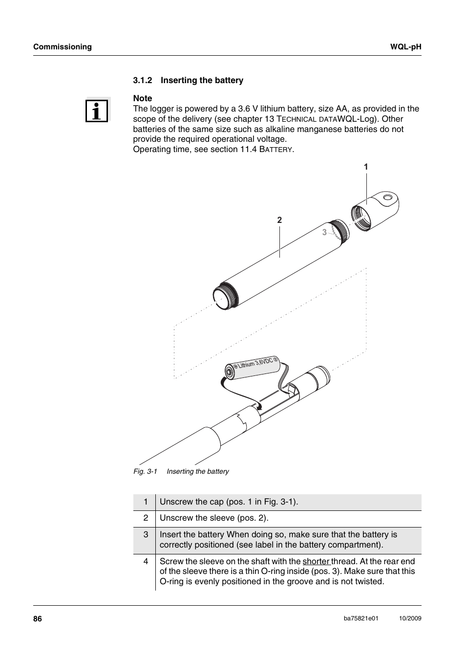 2 inserting the battery, Inserting the battery | Xylem WQL-pH pH DATALOGGERS User Manual | Page 12 / 74