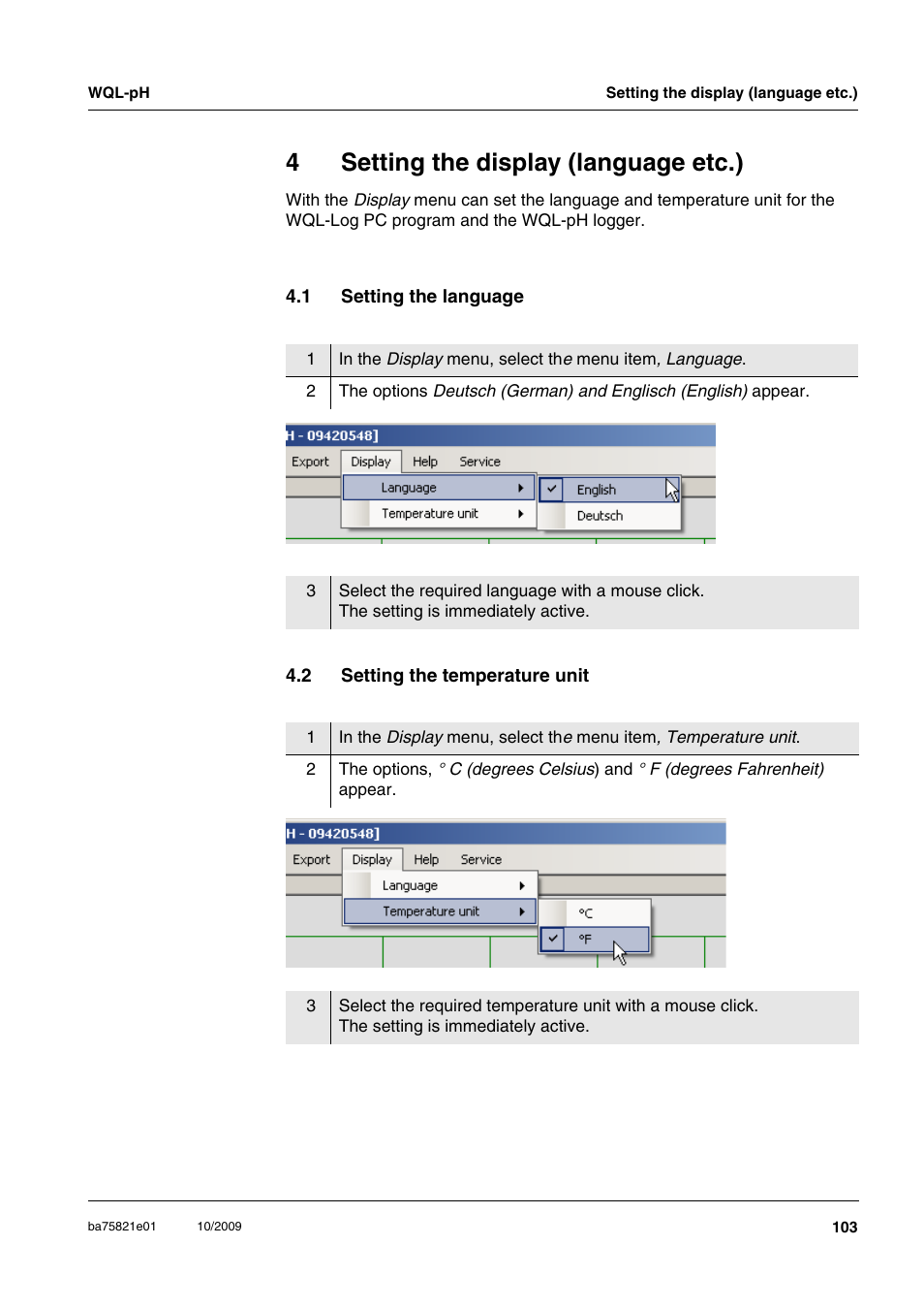 4 setting the display (language etc.), 1 setting the language, 2 setting the temperature unit | Setting the display (language etc.), Setting the language, Setting the temperature unit, 4setting the display (language etc.) | Xylem WQL-pH pH DATALOGGERS User Manual | Page 29 / 74