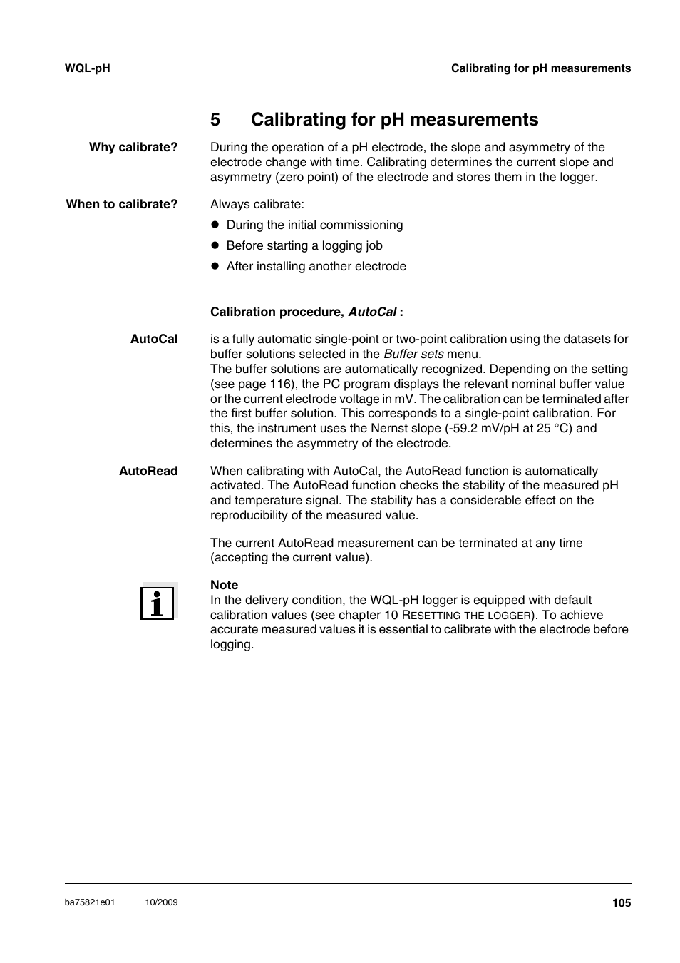 5 calibrating for ph measurements, Calibrating for ph measurements, 5calibrating for ph measurements | Xylem WQL-pH pH DATALOGGERS User Manual | Page 31 / 74