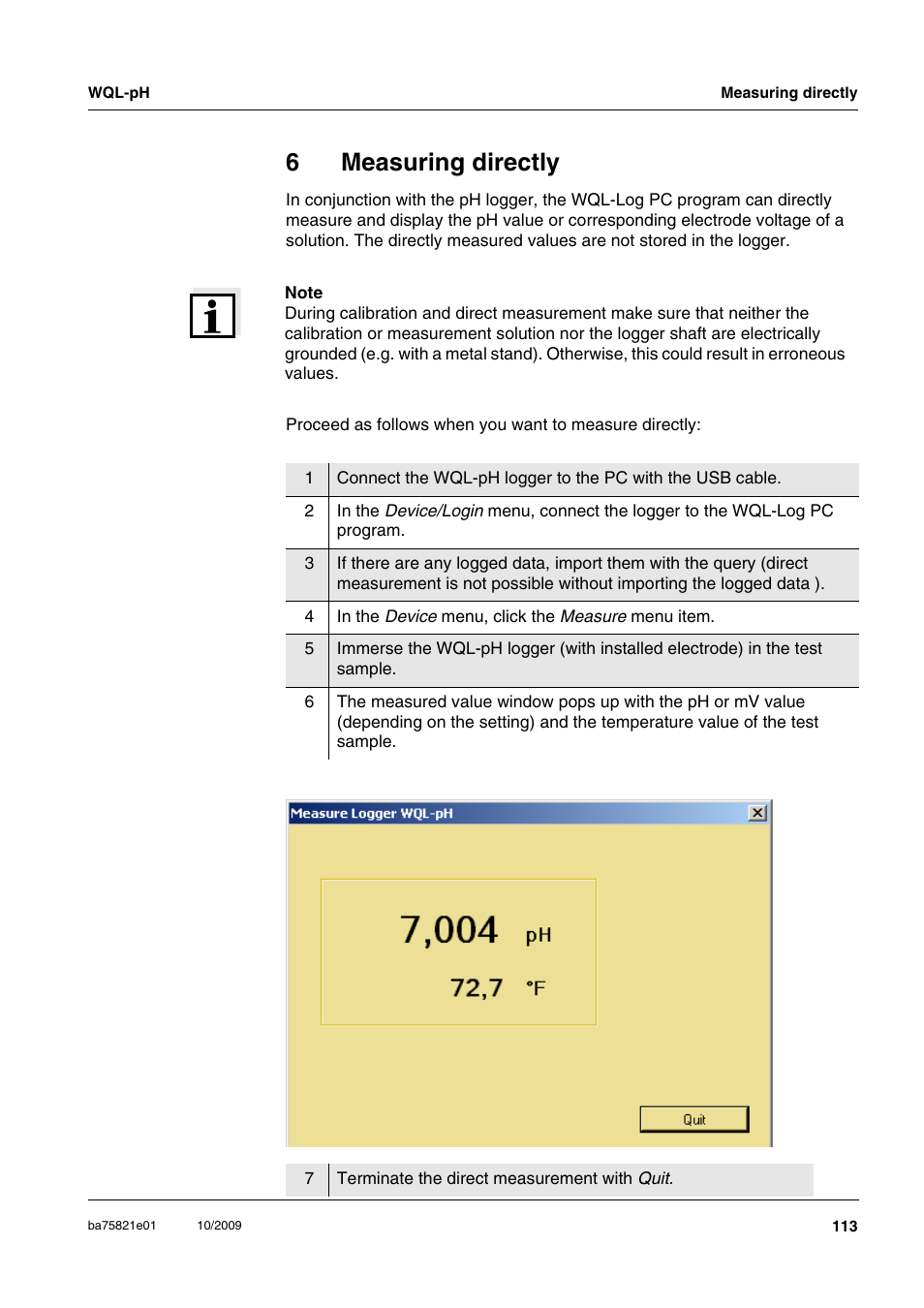 6 measuring directly, Measuring directly, 6measuring directly | Xylem WQL-pH pH DATALOGGERS User Manual | Page 39 / 74