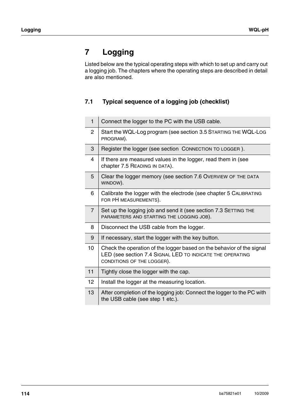 7 logging, 1 typical sequence of a logging job (checklist), Logging | Typical sequence of a logging job (checklist), 7logging | Xylem WQL-pH pH DATALOGGERS User Manual | Page 40 / 74