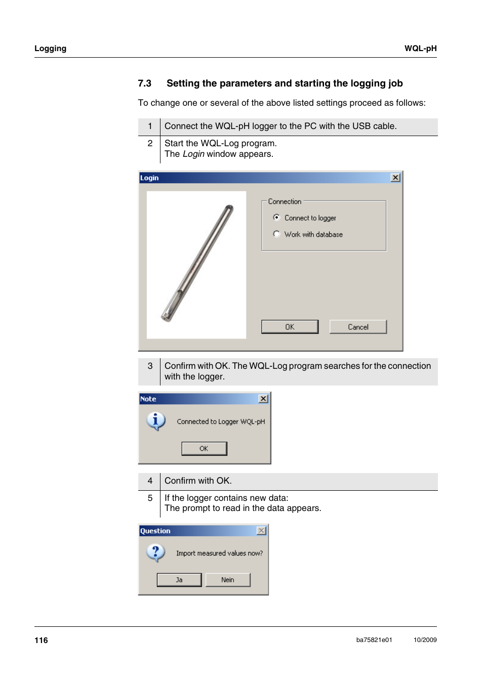 Time (see section 7.3 s, Etting, Parameters | Starting, Logging, Section 7.3 s | Xylem WQL-pH pH DATALOGGERS User Manual | Page 42 / 74