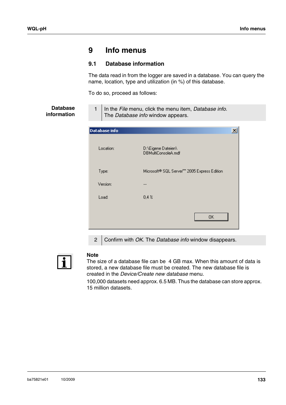 9 info menus, 1 database information, Info menus | Database information, 9info menus | Xylem WQL-pH pH DATALOGGERS User Manual | Page 59 / 74
