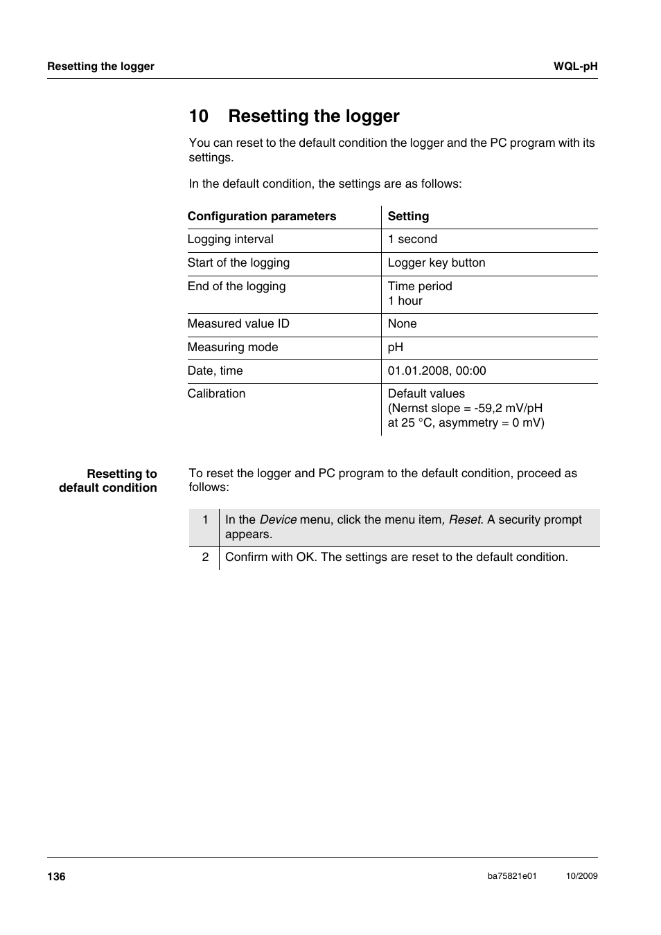 10 resetting the logger, Chapter 10 r, Esetting | Logger | Xylem WQL-pH pH DATALOGGERS User Manual | Page 62 / 74