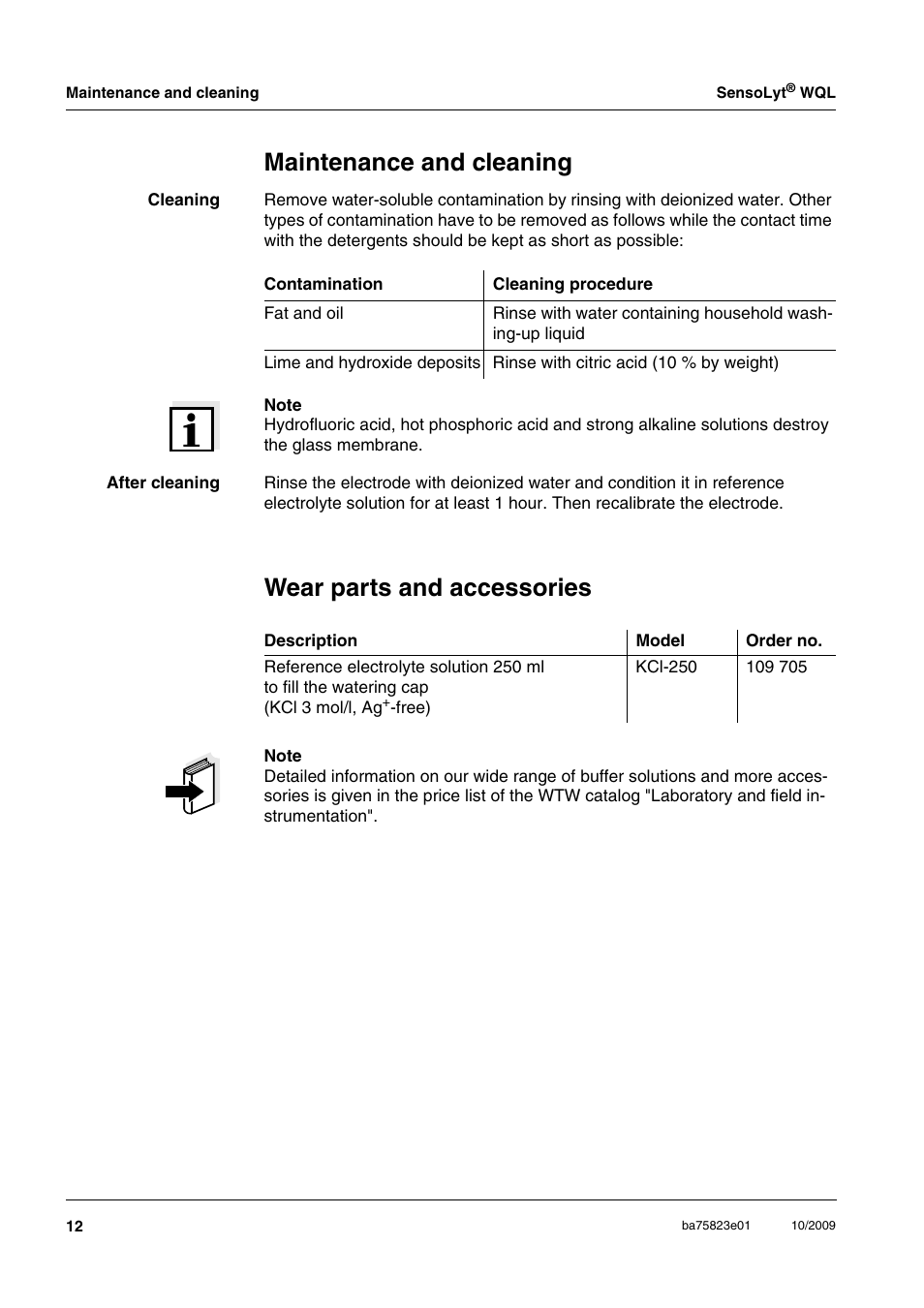 Maintenance and cleaning, Wear parts and accessories | Xylem SensoLyt WQL User Manual | Page 6 / 8