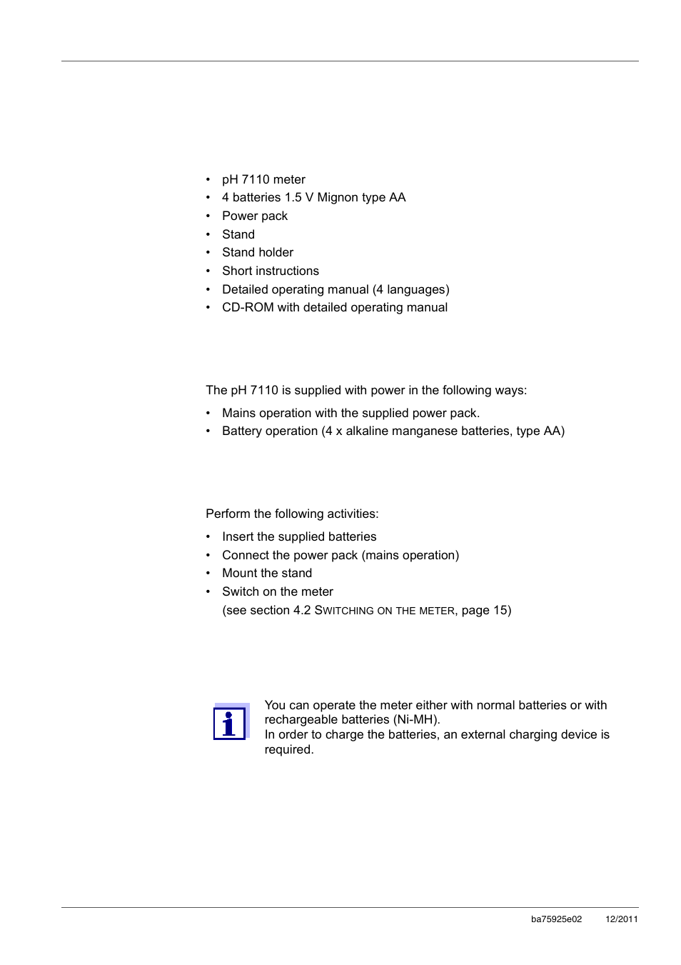 3 commissioning, 1 scope of delivery, 2 power supply | 3 initial commissioning, 1 inserting the batteries, Commissioning, Scope of delivery, Power supply, Initial commissioning, Inserting the batteries | Xylem inoLab 7110 WASTEWATER pH METER User Manual | Page 10 / 52