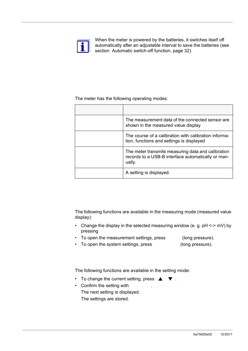 4 navigation, 1 operating modes, 2 measuring mode (measured value display) | 3 setting mode, Navigation, Operating modes, Measuring mode (measured value display), Setting mode | Xylem inoLab 7110 WASTEWATER pH METER User Manual | Page 16 / 52