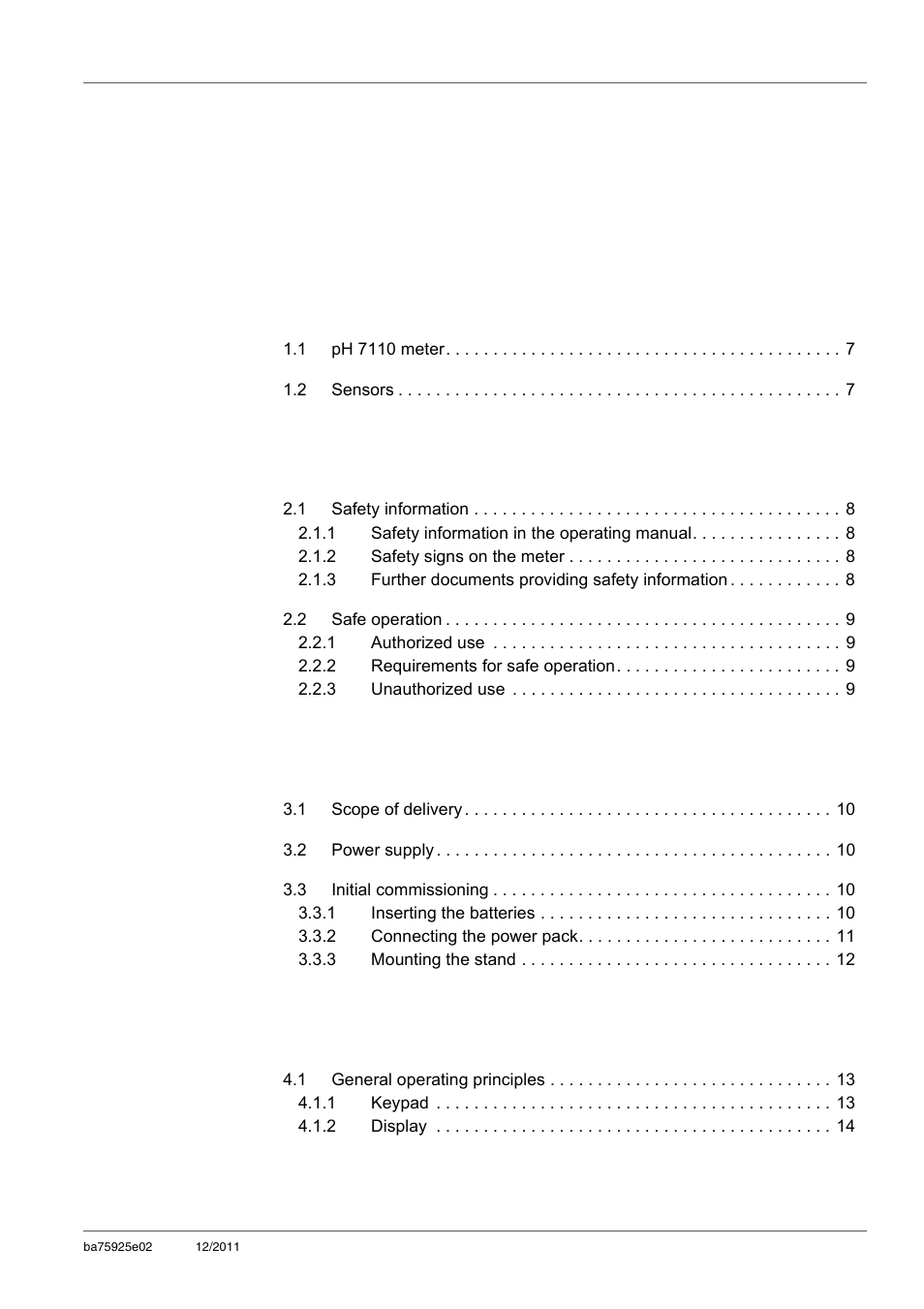 Ph 7110 - contents, 1overview, 2safety | 3commissioning, 4operation | Xylem inoLab 7110 WASTEWATER pH METER User Manual | Page 3 / 52