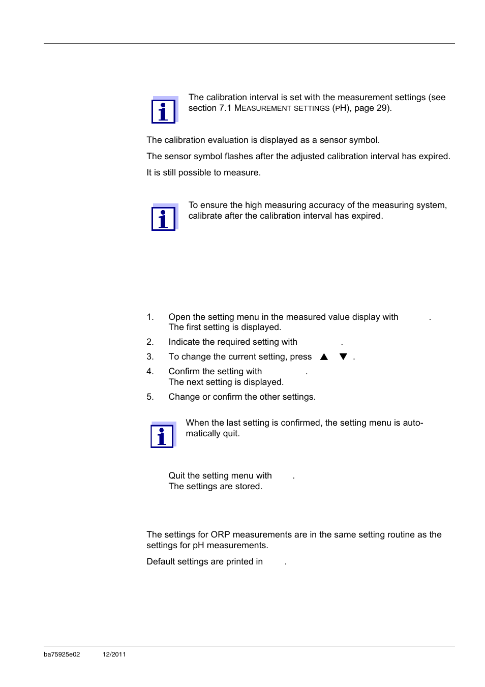 3 calibration interval, 2 measurement settings (orp), 1 changing the settings for orp measurements | Calibration interval, Measurement settings (orp), Changing the settings for orp measurements | Xylem inoLab 7110 WASTEWATER pH METER User Manual | Page 31 / 52