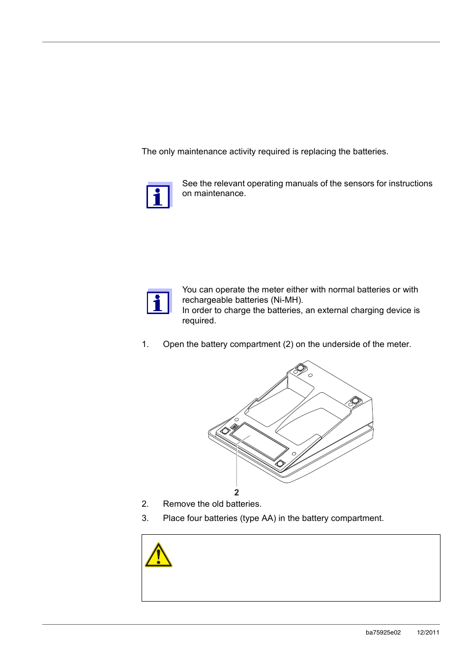9 maintenance, cleaning, disposal, 1 maintenance, 1 general maintenance activities | 2 replacing the batteries, Maintenance, cleaning, disposal, Maintenance, General maintenance activities, Replacing the batteries, 9maintenance, cleaning, disposal | Xylem inoLab 7110 WASTEWATER pH METER User Manual | Page 36 / 52
