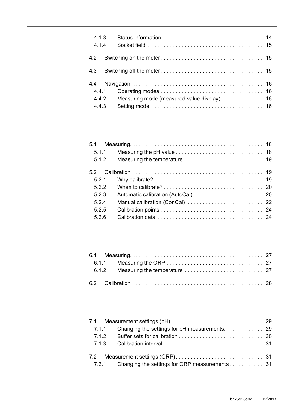 5ph value, 6orp, 7settings | Xylem inoLab 7110 WASTEWATER pH METER User Manual | Page 4 / 52