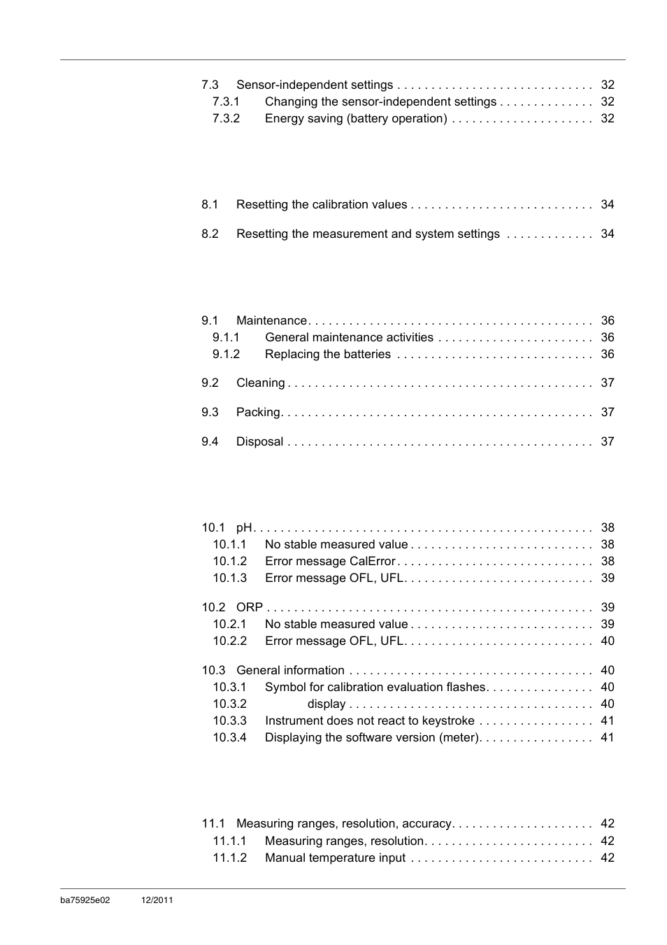 8reset, 9maintenance, cleaning, disposal, 10 what to do if | 11 technical data | Xylem inoLab 7110 WASTEWATER pH METER User Manual | Page 5 / 52